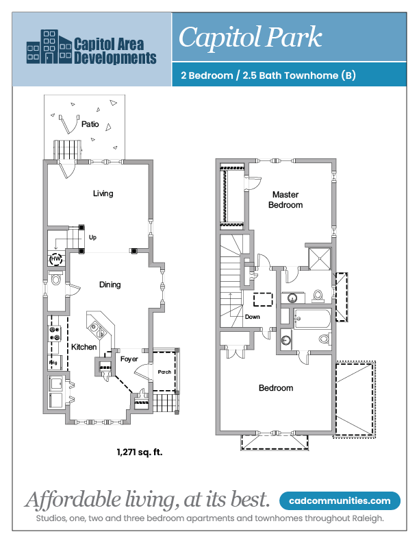Floor plan for 2 beds, 2.5 baths, 1271 sqft